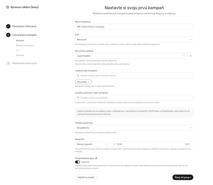 Nastavenie kampane v ChatGPT Ads Manageri: cieľ Konverzie, lokalita Slovensko, denný rozpočet 15 EUR a upozornenie na vlastné publiká v EHP